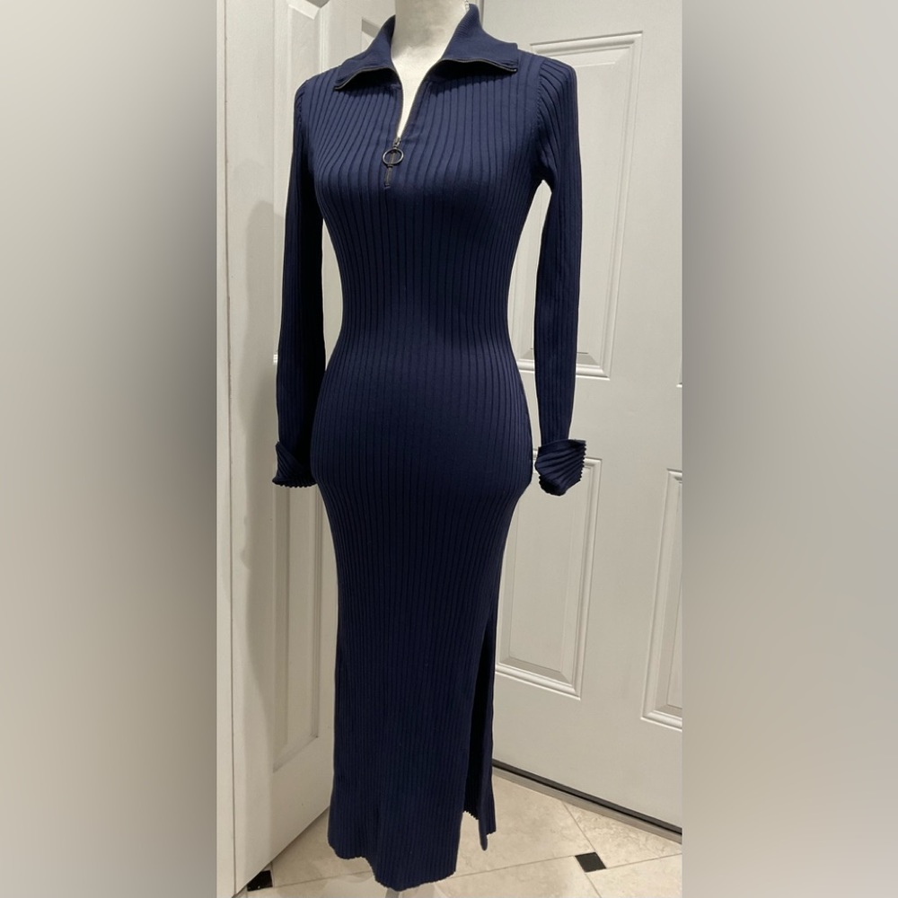 🍏BCBGMaxAzria Navy Blue MIDI Ribbed Jersey Dress, Size XS